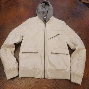 Express Leather Bomber Jacket Cream Off White Coat with Removable Hoodie Liner!!